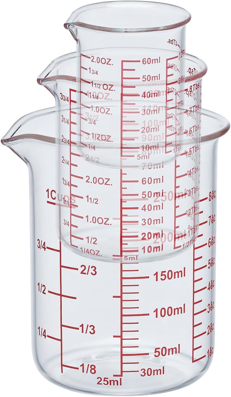 3 Piece Glass Measuring Cup Set, Includes 1/2-Cup, 1-Cup, and 2-Cup High Borosilicate Glasss Liquid Measuring Cups, Dishwasher, Freezer, Microwave, and Preheated Oven Safe, Essential Kitchen Tools