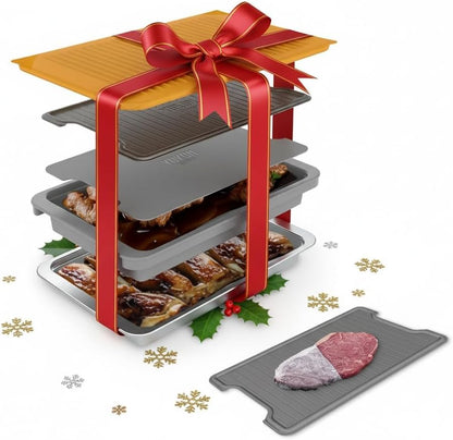 PREP ‘N Serve Premium Set™ - Plastic Container with Lid for Marinades, Stainless Steel Serving Tray, Aluminum Defrosting Tray, and a Plastic Cutting Board - the Ultimate BBQ Food Prep Utensil Set
