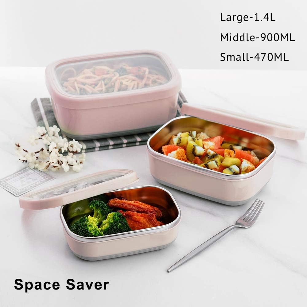 Lille Home Leak Proof Stainless Steel Lunch Snack Containers Set - Ideal for Educational Settings and Daycare - Nesting Trio with Silicone Lids - 47oz+30oz+16oz - Pink