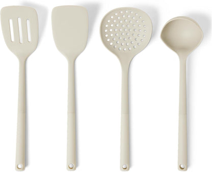 Amazon Basics Silicone Cooking Spoon and Ladle Set, 4-Piece Set, Soft Grip Handle, BPA-Free, Dishwasher-Safe, Linen Gray