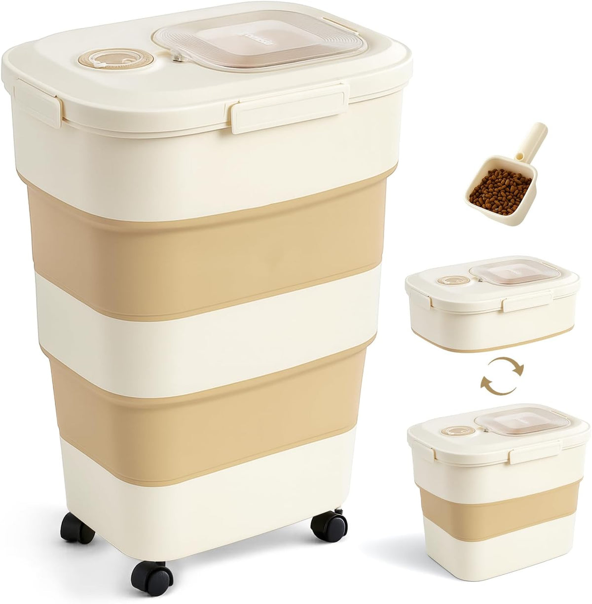 ZOMISIA 40-50lbs Dog Food Storage Container, Large Capacity Collapsible Airtight Pet Food Storage Containers with Rolling Wheels, Transparent Lid, Scoop and Date Track, Brown