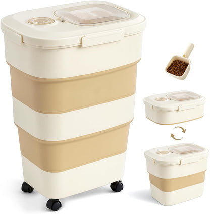 ZOMISIA 40-50lbs Dog Food Storage Container, Large Capacity Collapsible Airtight Pet Food Storage Containers with Rolling Wheels, Transparent Lid, Scoop and Date Track, Brown