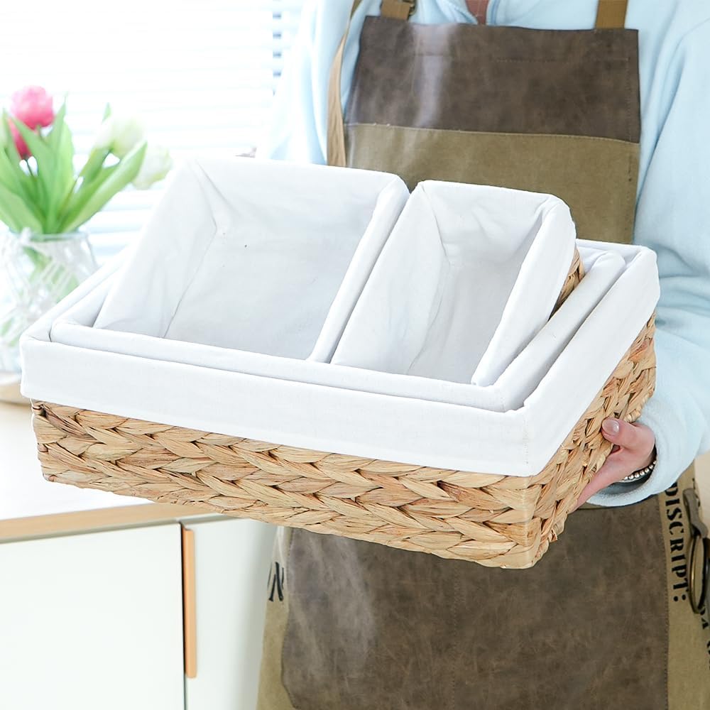 Water Hyacinth Shelf Baskets 4-Pack, Handwoven Wicker Bins with Removable Linen Liners – Divided Upper Compartment & Open Handles, Stackable for Pantry Bathroom Closet