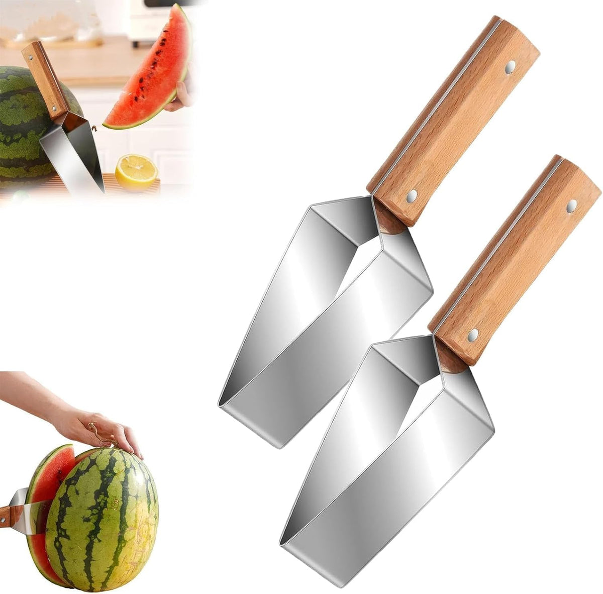 2-packs Triangle Watermelon Cutter, Stainless Steel Watermelon Slicer, Stainless Steel with Wooden Handle for A Wide Variety Watermelon, Cantaloupe, Honeydew