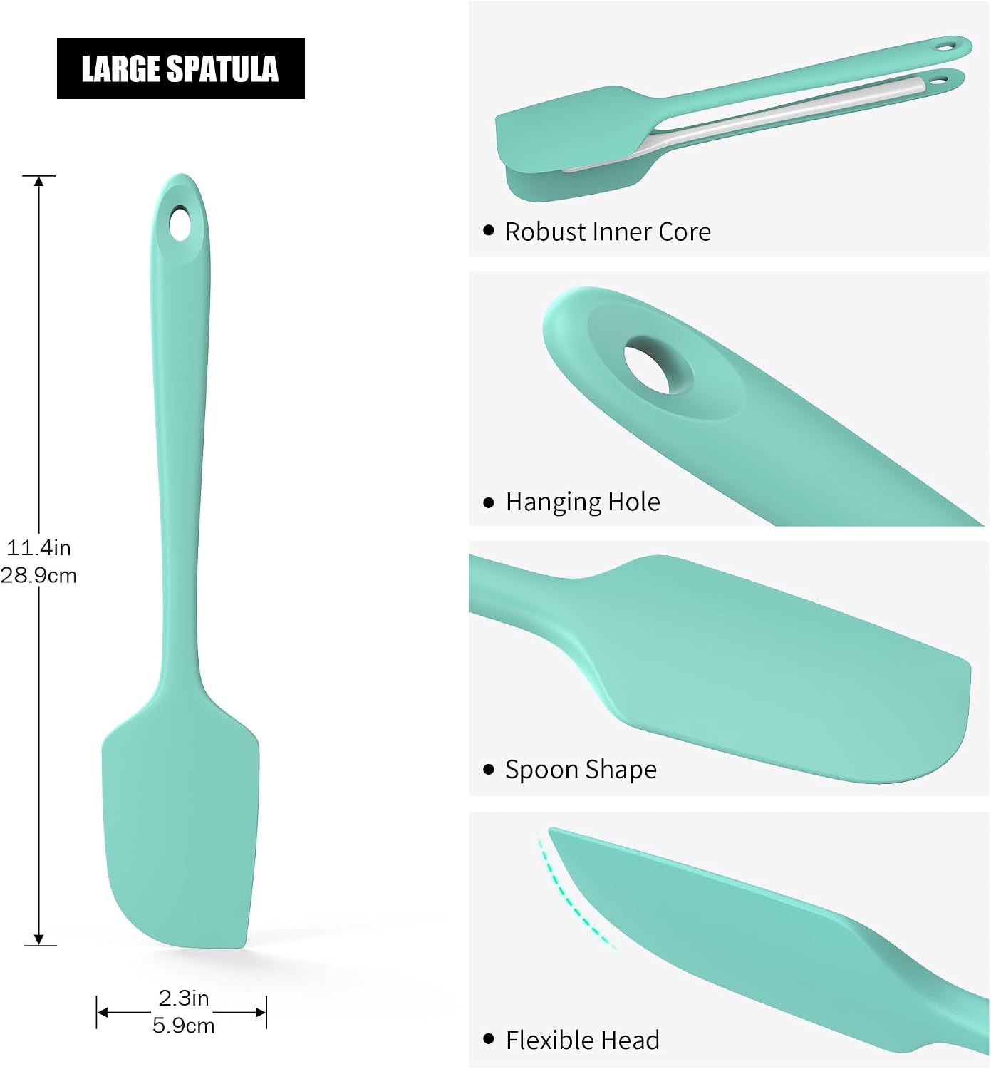 2-Piece Silicone Scraper & Spoon Spatulas: Doosu 600°F Heat Resistant Food Grade BPA Free Rubber Baking Flat Spatula Kitchen Cooking Spoonula for Mixing Scraping Folding Stirring Serving (Aqua Sky)