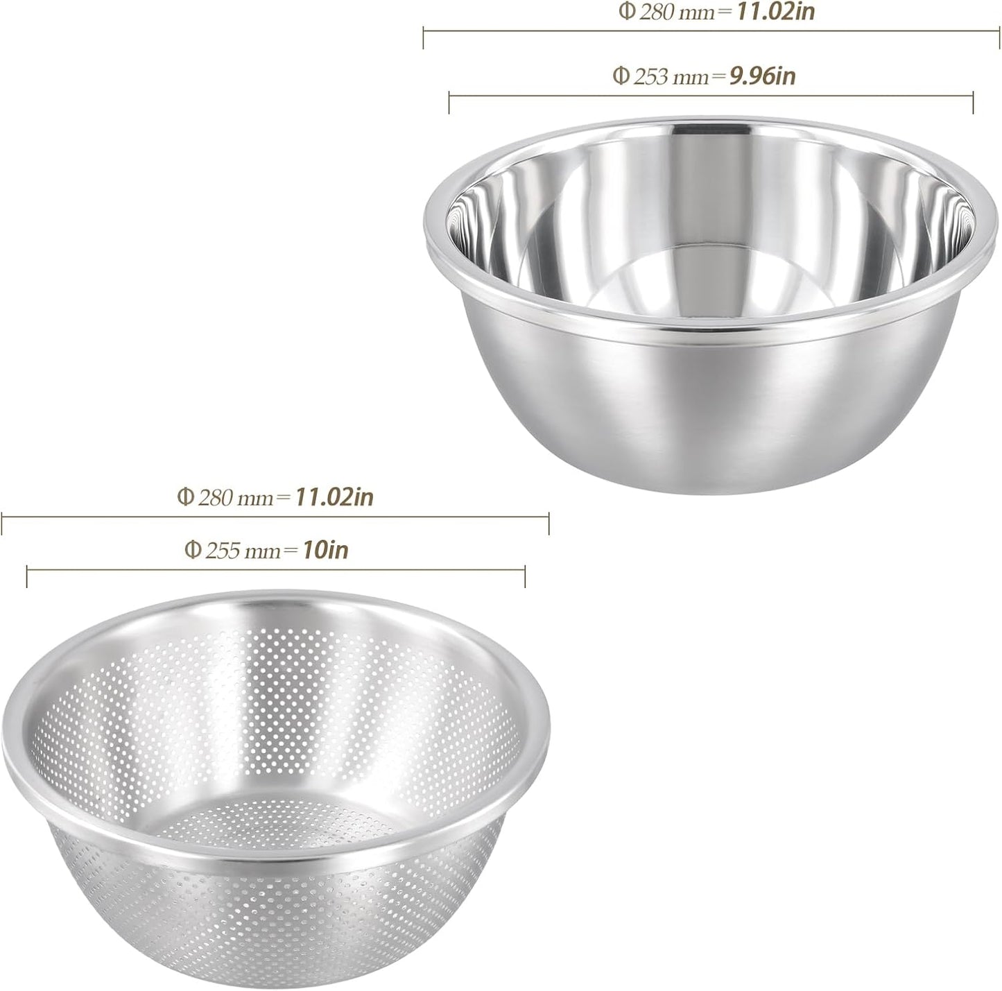 4 PCS 5QT Stainless Steel Colander Set with Mixing Bowls, Multi-Use Kitchen Strainer for Washing Vegetables Fruits Rice, Dishwasher Safe