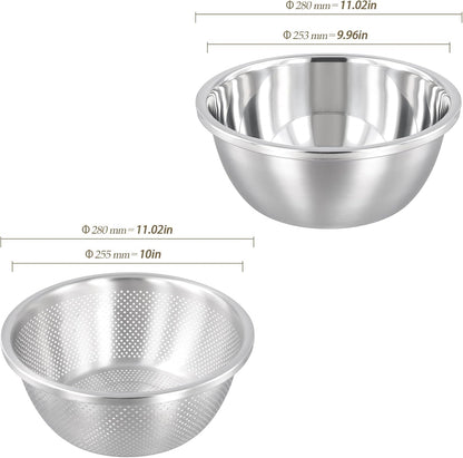 4 PCS 5QT Stainless Steel Colander Set with Mixing Bowls, Multi-Use Kitchen Strainer for Washing Vegetables Fruits Rice, Dishwasher Safe