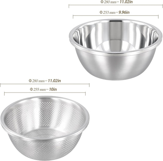 4 PCS 5QT Stainless Steel Colander Set with Mixing Bowls, Multi-Use Kitchen Strainer for Washing Vegetables Fruits Rice, Dishwasher Safe