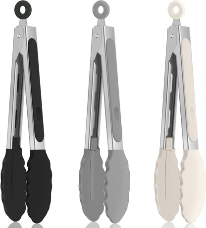Kitchen Tongs, Stainless Steel Cooking Tongs with Silicone Tips, 600ºF High Heat-Resistant Non Scratch Locking Tongs for Cooking BBQ Grilling Air Fryer Pans, Set of 3 (7" 9" and 12") Black