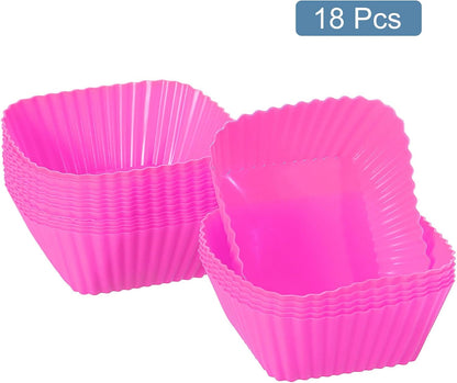 uxcell 18Pcs Silicone Cupcake Baking Cups, Silicone Muffins Liners Non-Stick Square Baking Cups, for Cooking Eggs Baking Muffins and Make a Cake(Pink)