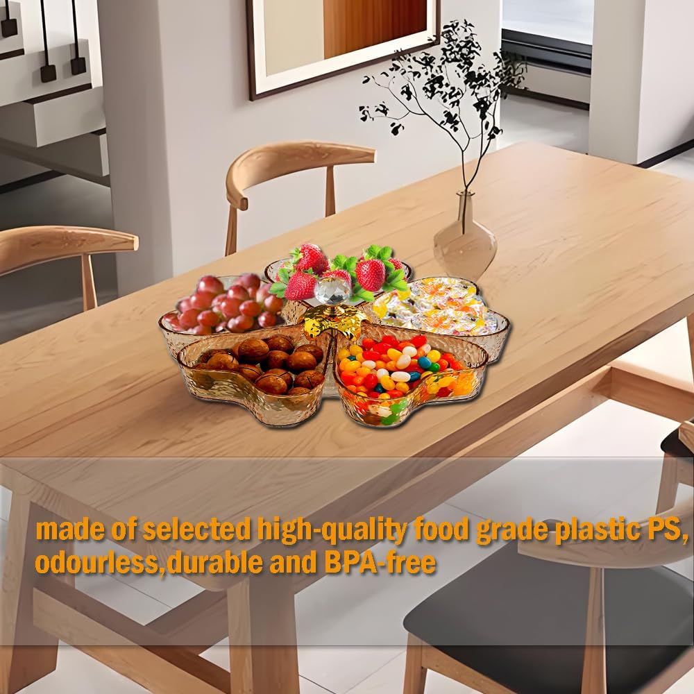 Divided Rotating Serving Tray with Lid and Handle, Portable 5 Compartments Snackle Box for Fruits, Candy, Snacks, Veggie, Nuts, Snack Spinner Organizer, Gold,11.2" L
