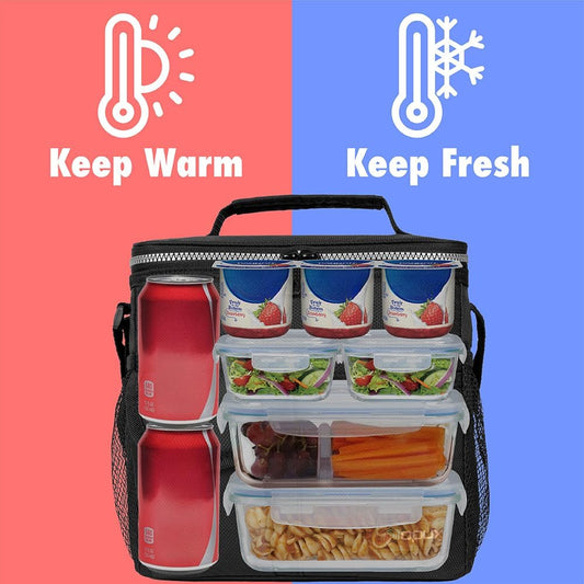opux Insulated Lunch Bag for Men Women, Leakproof Black Lunch Box for Work, Portable Soft Lunch Cooler Bag with Shoulder Strap, Adult Lunchbox Lunch Pail for Kid Boy Girl School, 14 Can/8L