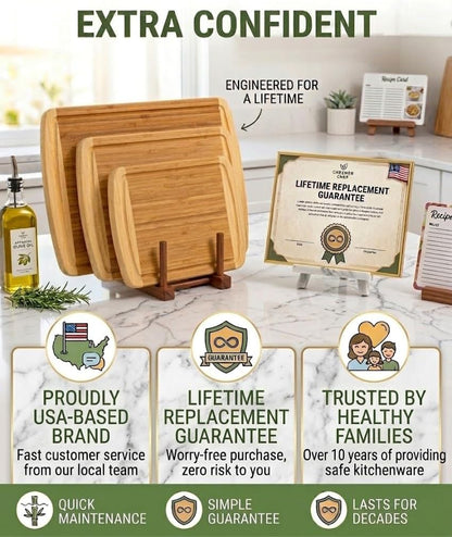 Greener Chef Luxury Wood Cutting Board 3-Piece Set with Vertical Grain Strength Technology - Extra Large Bamboo Cutting Boards for Kitchen with Deep Juice Grooves for Chopping - Lifetime Replacements