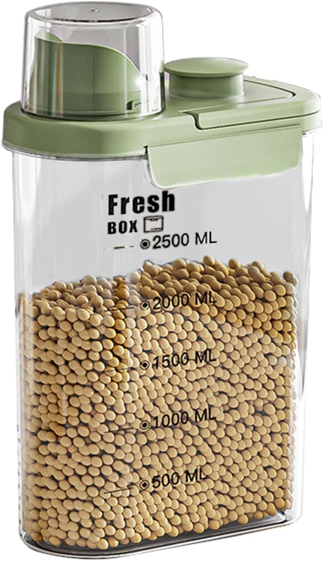 Airtight Rice Storage Container,with Pour Spout & Measuring Cup, BPA-Free - Transparent Dry Food Canister for Cereal, Flour, Pet Food, Oatmeal, Pantry Storage (Light Grass Green, 1600ml)