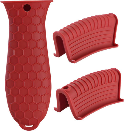 Cast Iron Skillet Handle Covers - 3 Pack Assist Pan Handle Sleeve Pot Holders, Heat Resistant Pot Handle Covers, Non-Slip Silicone Cast Iron Handle Grip for Cast Iron Skillet Metal Pan (Red)