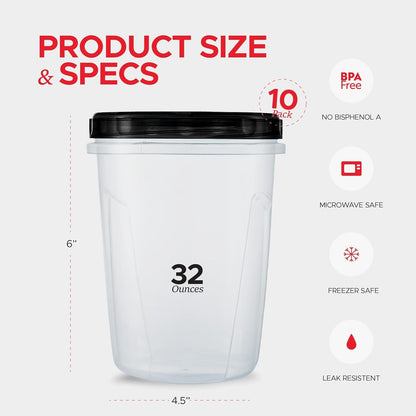 Tafura 10 Pack Leakproof Freezer Containers for Food with Twist Top Lids - 32 Oz BPA Free Reusable Plastic Soup Containers with Screw On Lids - Ideal for Meal Prep, Leftovers & Pantry Organization