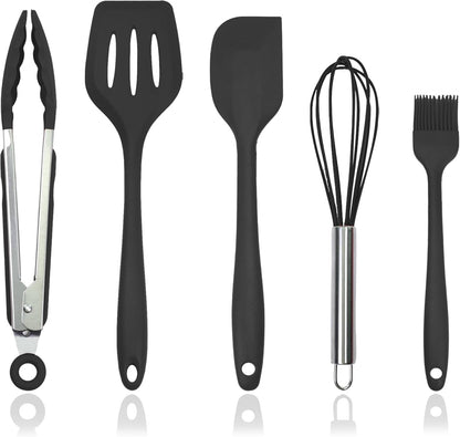 Silicone Kitchen Cooking Utensils Set Kitchen Spatula Set with Holder,5 pcs Heat Resistant Silicone Kitchen Utensils Gadgets Tools Set for Nonstick Cookware,Dishwasher Safe (Black)