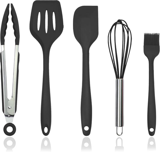 Silicone Kitchen Cooking Utensils Set Kitchen Spatula Set with Holder,5 pcs Heat Resistant Silicone Kitchen Utensils Gadgets Tools Set for Nonstick Cookware,Dishwasher Safe (Black)