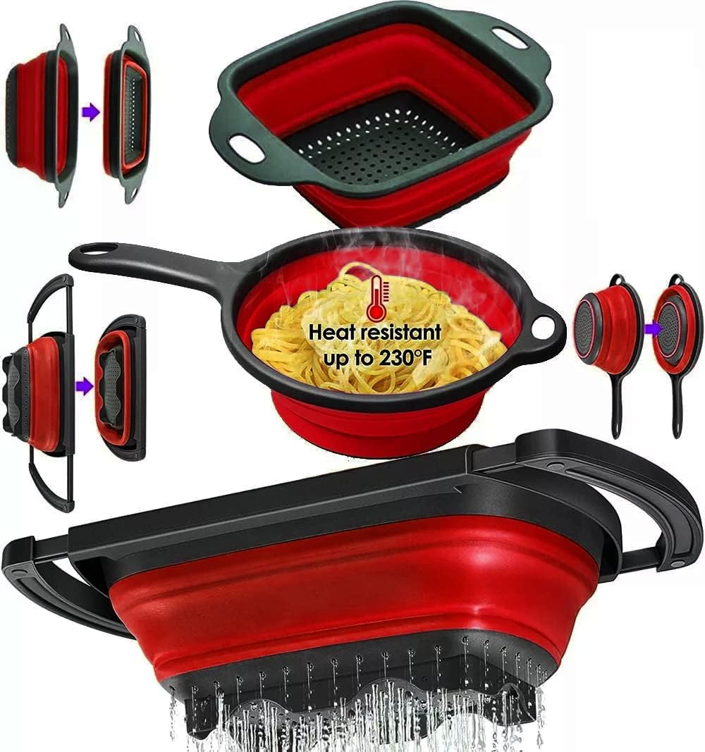 Colander Strainer Collapsible 3 sets with expendable handles, square collapsible colander, strainer with long handle