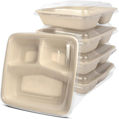 bloomoon 3 Compartment Take Out Lunch Box Containers 50 Pack | 8x8 inch Disposable 3 Compartment Meal Prep Bento Box Containers, 50 Bowls 50 Lids