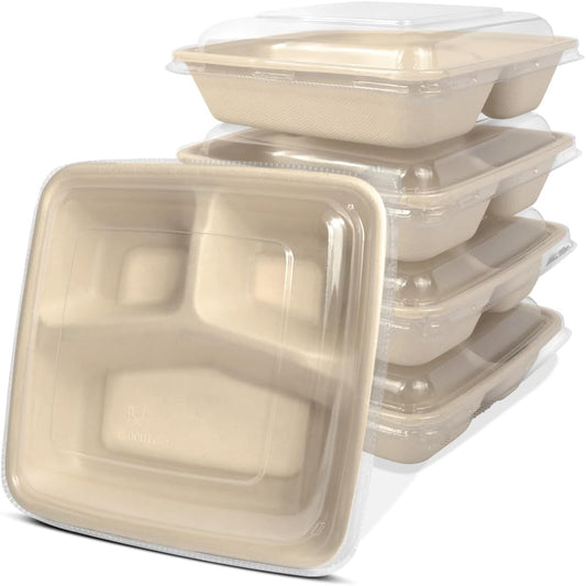 bloomoon 3 Compartment Take Out Lunch Box Containers 50 Pack | 8x8 inch Disposable 3 Compartment Meal Prep Bento Box Containers, 50 Bowls 50 Lids