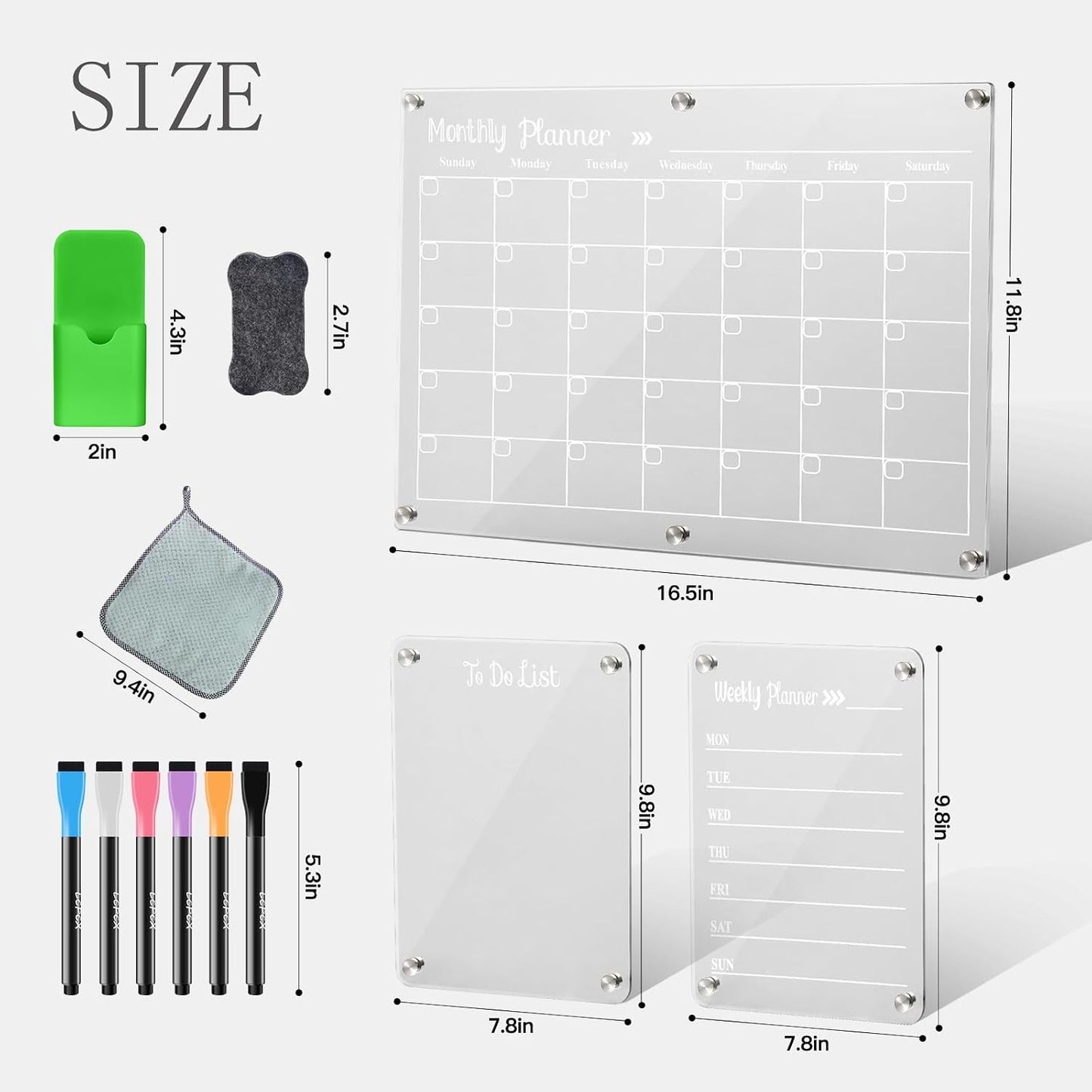 Acrylic Magnetic Dry Erase Board for Fridge, Set of 3 Transparent Monthly & Weekly Planning Boards, Includes 6 Dry Erase Markers, 1 Eraser and Magnetic Pen Holder