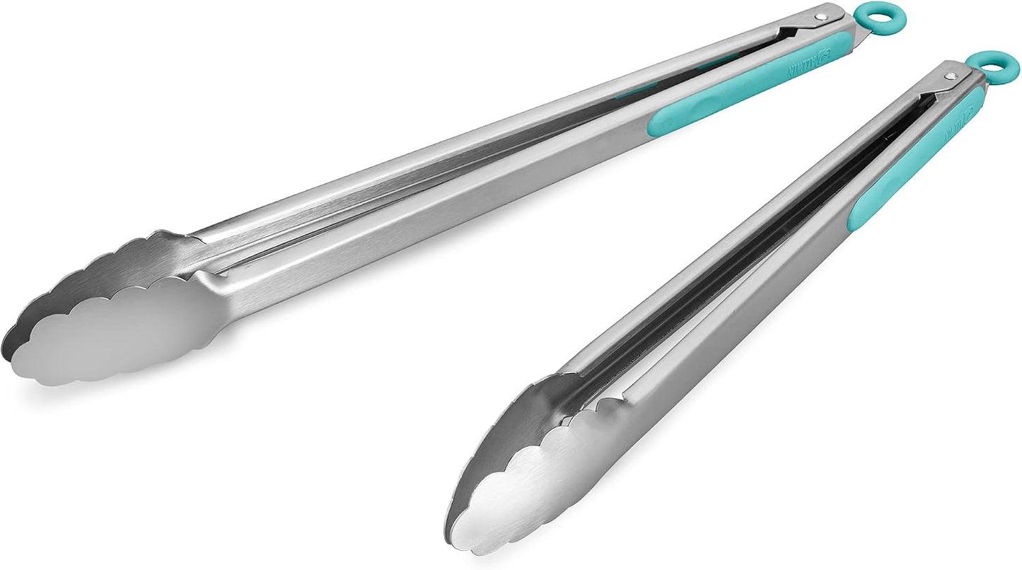 304 Stainless Steel Kitchen Cooking Tongs, 9" and 12" Set of 2 Sturdy Grilling Barbeque Brushed Locking Food Tongs with Ergonomic Grip, Black