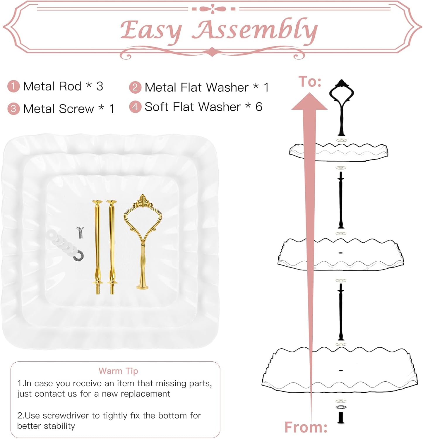 PinCute 5 Pcs Dessert Table Display Set - 2 X Cupcake Stand Holder/Cup Cake Tier Tower & 3 X Serving Tray Combo for Tea Party, Birthday, Baby Shower (Wave Square)