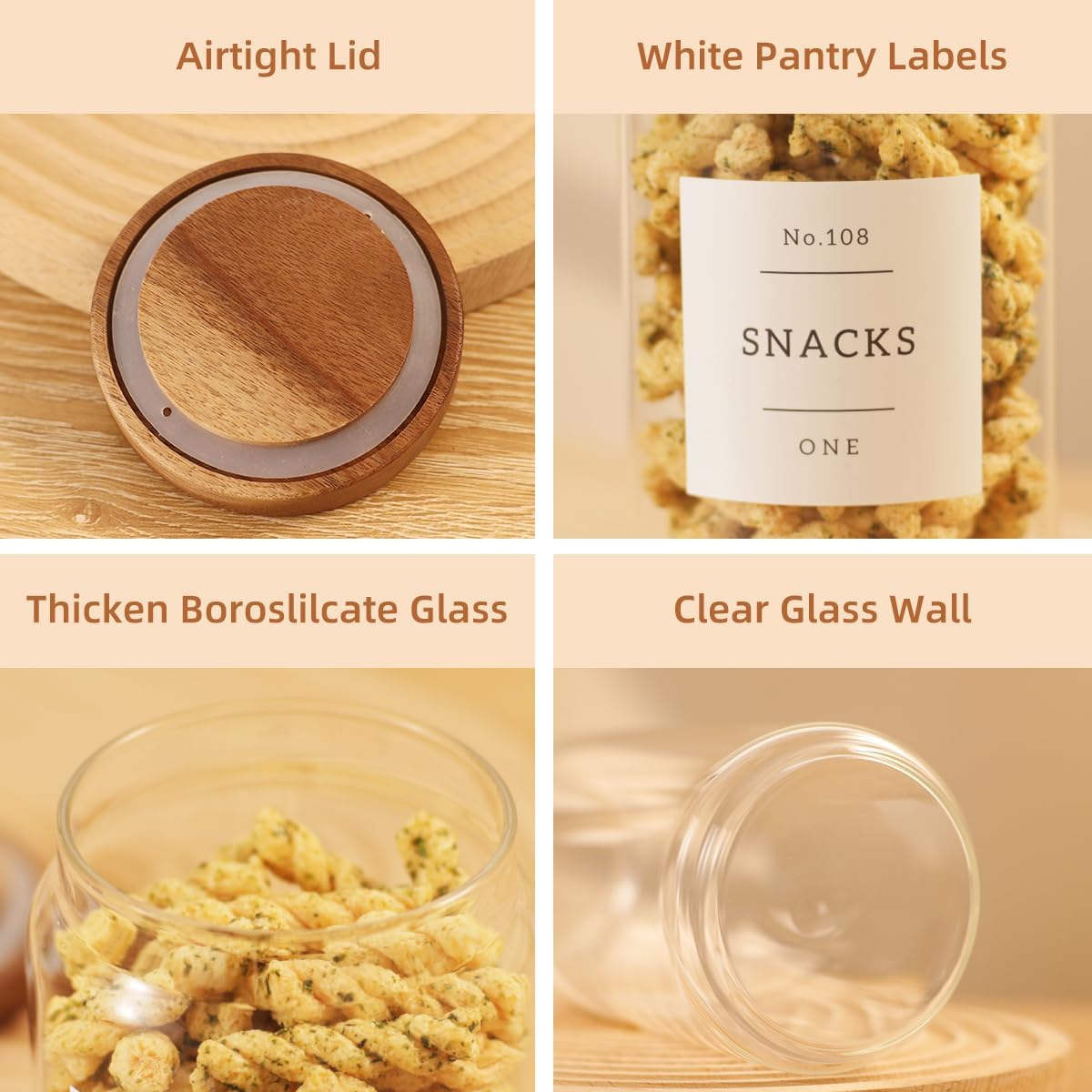 2 Pack Large Glass Flour and Sugar Storage Containers with Airtight Acacia Wood Lids and 132 Kitchen Pantey Labels Preprint - 1 Gallon Borosilicate Glass Canister Sets for Food,Pasta,Cookie,Rice