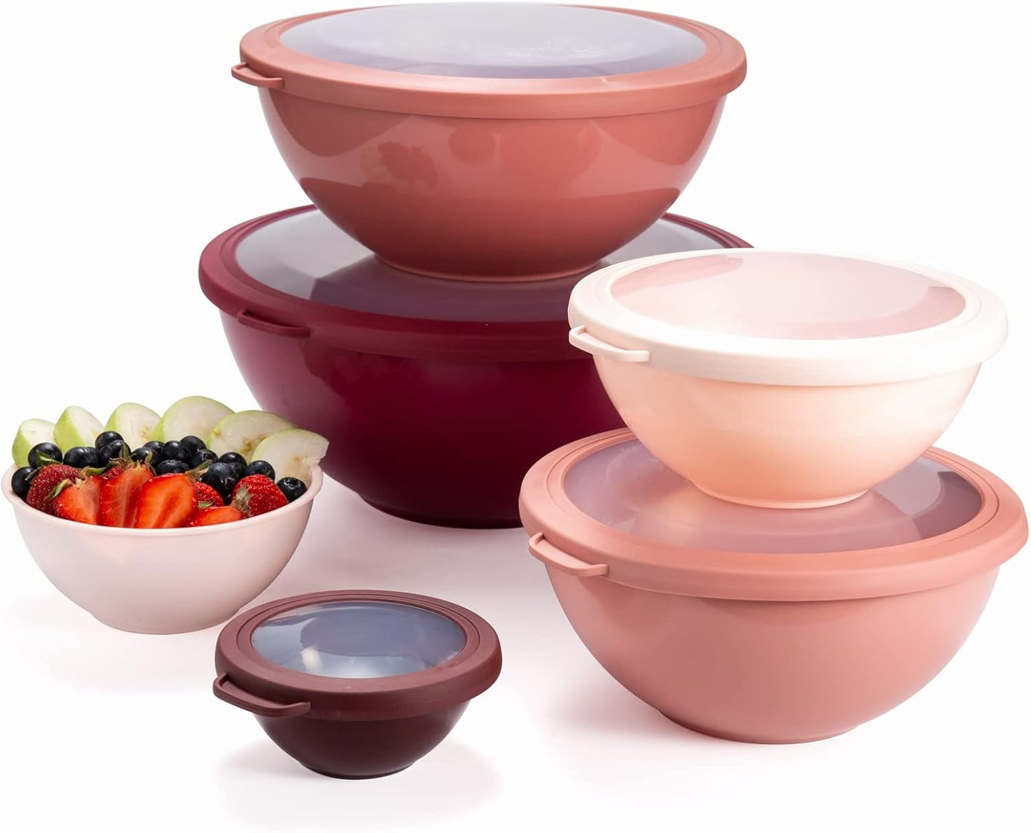 COOK WITH COLOR Mixing Bowls with Lids - 12 Piece Plastic Nesting Bowls Set includes 6 Prep Bowls and 6 Lids, Microwave Safe Mixing Bowl Set, Pink Embossed - Colors A