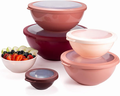 COOK WITH COLOR Mixing Bowls with Lids - 12 Piece Plastic Nesting Bowls Set includes 6 Prep Bowls and 6 Lids, Microwave Safe Mixing Bowl Set, Pink Embossed - Colors A