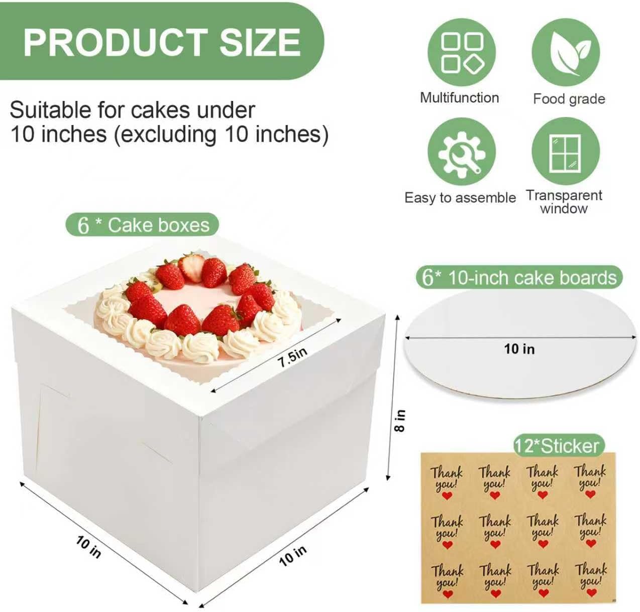 2 Pack Cake Boxes, 12x12x8 Inches Tall Cake Box with Cake Boards, White Bakery Boxes with Large Window, Disposable Cakes Transport Containers with Lids, for Cookies, Pies, Wedding, Birthday