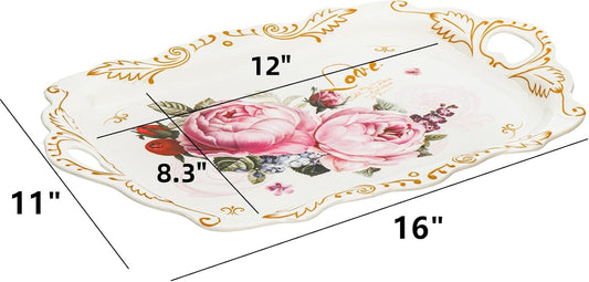 DEAYOU 3-Pack Melamine Serving Tray, Stackable Food Tray with Handles for Eating, Unbreakable Large Serving Platter with Floral Print for Gift, Party, Decor, Home, Restaurant, 16"L x 11"W, Rectangle