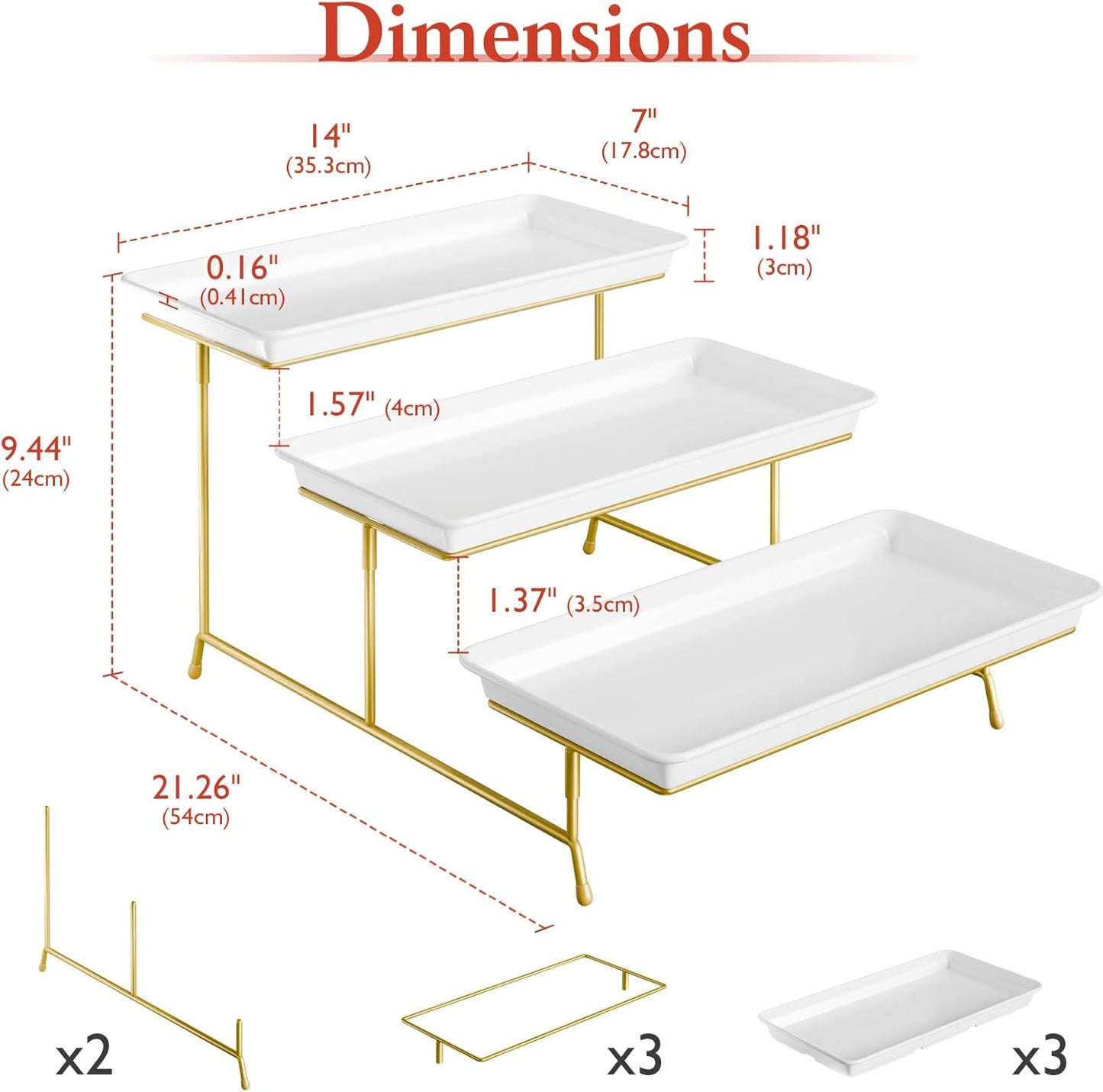 3-Tier Melamine Serving Tray Set, 11.5" x 5.6" Platters for Serving Food, Black Reusable Trays with Black Metal Display Stand for Cupcakes, Sevring Food, Dessert, Fruit, Cookie, Gold