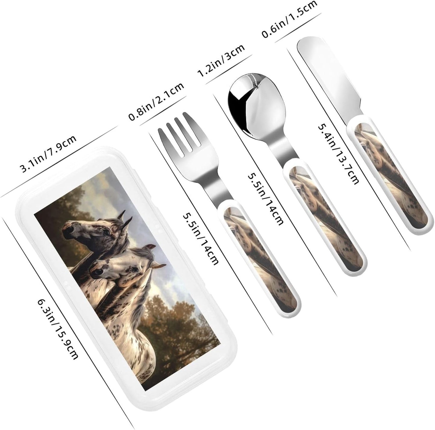 3-Piece Children Utensils Set Two horse Knife Spoon Fork Set Stainless Steel Silverware Set Easy-Grip Reusable Utensils Set Child Flatware Set with Case for Lunch Travel