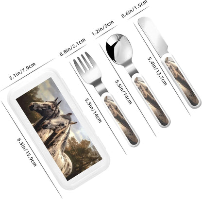 3-Piece Children Utensils Set Two horse Knife Spoon Fork Set Stainless Steel Silverware Set Easy-Grip Reusable Utensils Set Child Flatware Set with Case for Lunch Travel
