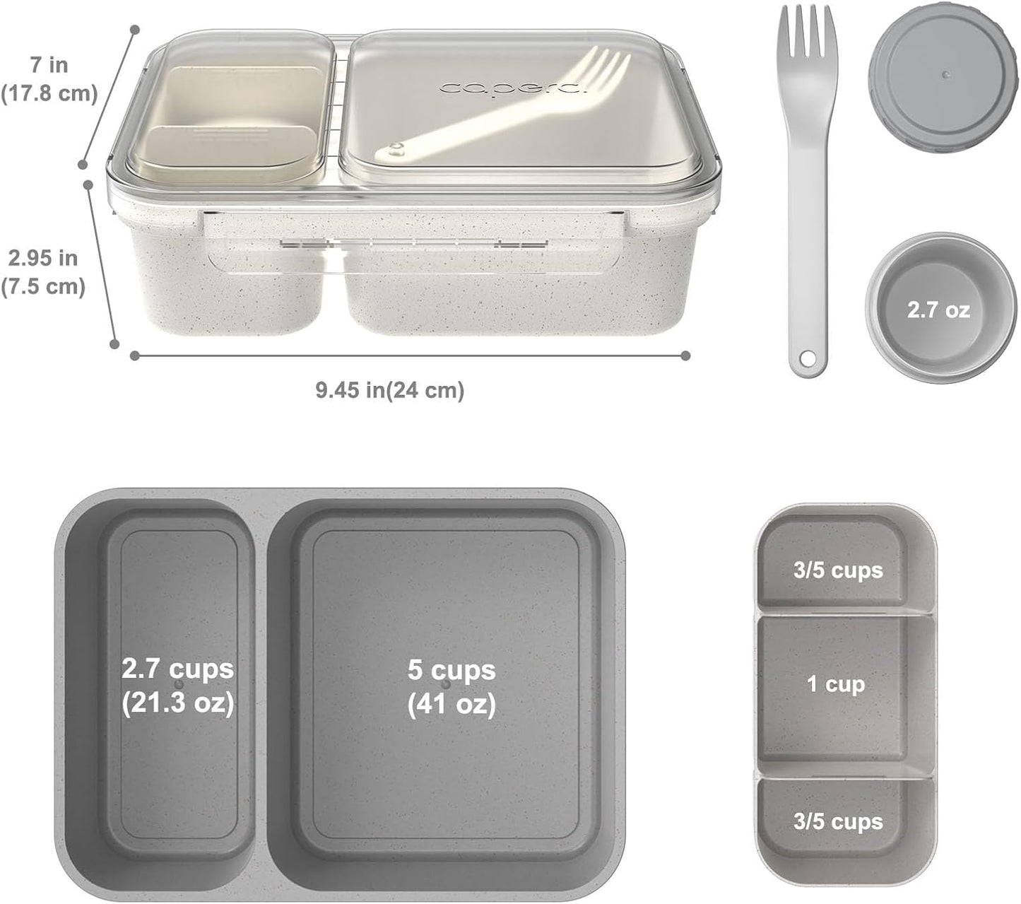 Caperci 2 Pack Salad Container for Lunch - 62 oz Large Bento Lunch Box for Adults, 2-Compartment Meal Prep Container with Removable Toppings Tray, Sauce Cup, Reusable Fork, BPA-Free (Purple & Green)