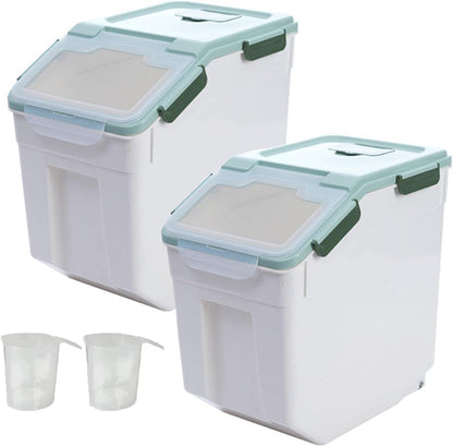 AnRui Airtight Flour Storage Container 25lb, Plastic Grain Storage Bucket, Rice Cereal Dispenser Organizer Box with Lid, Cat Dog Food Storage Bin with Measuring Cup, Scoop, Wheels, 2Pcs Green