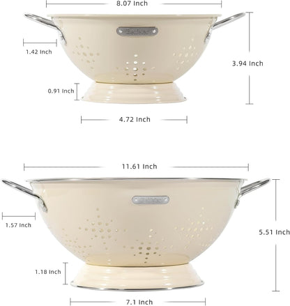 Metal Colander 2 Pack, Strainer Bowel with Handles 2Qt & 6Qt Powder Coated Solid Ring Base Heavey Duty Kitchen Drainer Basket for Pasta Veggies and Fruits,New Home Apartment Essentials (Almond Cream)