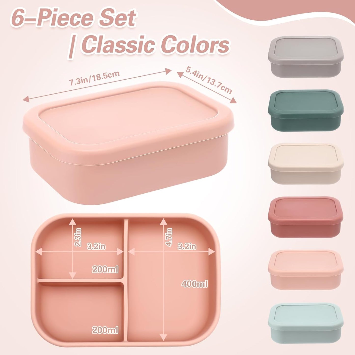Honeydak 6 Pcs Silicone Bento Box Reusable Silicone Bento Lunch Container for Adults Microwave Dishwasher Freezer Safe 3 Compartment (Light Colors)