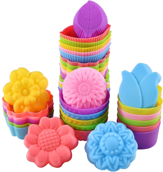 36Pcs Silicone Cupcake Liners, Multi Flower Shapes Baking Cups, 2 Inch Mini Size Reusable Silicone Molds