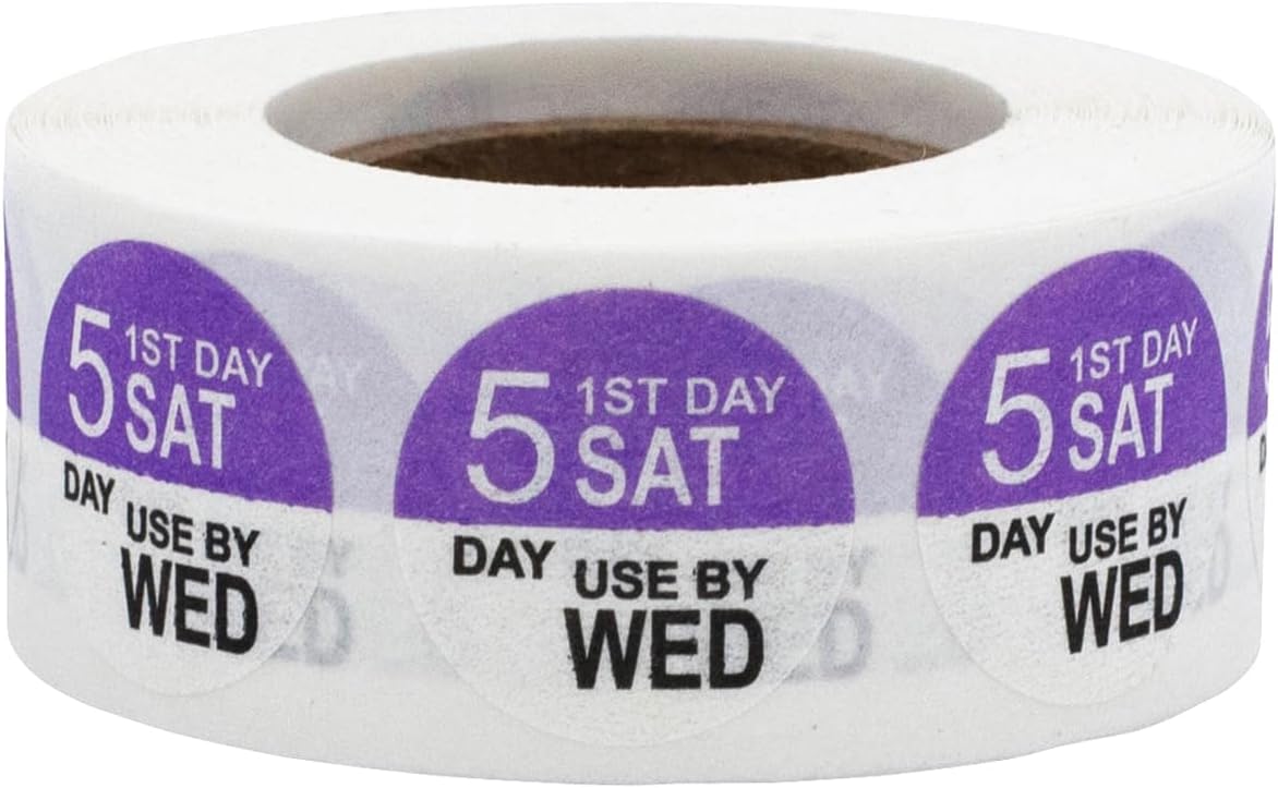 Dissolvable Tuesday Through Saturday 5 Day Food Rotation Labels, 3/4 Inch Use by Stickers, 500 Total Adhesive Labels on a Roll for Restaurant and Kitchen Prep – Made in The USA