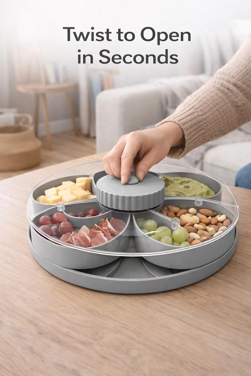 Divided Serving Tray that Spins, 5-Compartment Twist-to-Open Snack Tray with Lid, Expandable Party Platter for Fruit, Candy, Nuts, Veggies and Dips, Gray