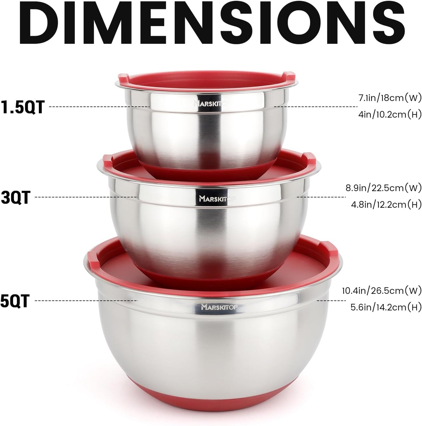 MARSKITOP Stainless Steel Mixing Bowls with Lids Set, Nesting Mixing Bowls with Airtight Lids, Measurement Marks and Red Non-Slip Bottoms, Great for Mixing and Serving, 3QT & 5QT