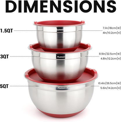 MARSKITOP Stainless Steel Mixing Bowls with Lids Set, Nesting Mixing Bowls with Airtight Lids, Measurement Marks and Red Non-Slip Bottoms, Great for Mixing and Serving, 3QT & 5QT