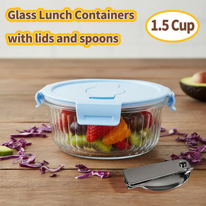 Small Round Glass Food Storage Containers with Lids, 1.5 Cup Round Food Containers set BPA-Free, 12oz Glass Lunch Bowls for Soup Leftover, Microwave, Dishwasher and Freezer Safe (4pack)
