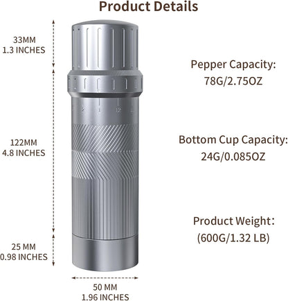Luvan Professional Grade Pepper Grinder,External Adjustable Coarseness Manual Pepper Mill Grinder, Heavy Duty Aluminum Coarse Pepper Grinder Refillable,Spice Grinder with Stainless Steel Burrs (Gray)