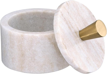 Queenza White Marble Salt Cellar with Lid and Brass Knob, 3 Inch Salt Box