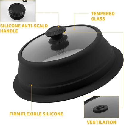 Collapsible Microwave Splatter Lid with Vented Tempered Glass Cover Wok Lid for Microwave Safe, Stockpot Steamer Pot Pan Round Bowl 6" 7" 8" 9" 10" 11" 12" Universal Multifunction Silicone Cover