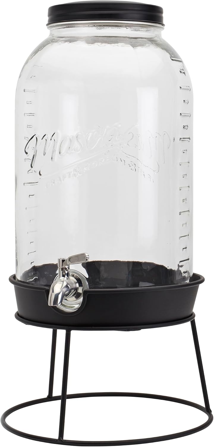 Mason Craft & More 3 Gallon Glass Beverage Drink Dispenser with Leakproof Spigot and Metal Stand